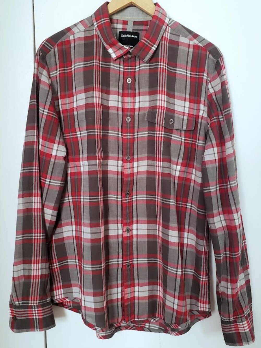 Mens Calvin Klein Jeans Long Sleeve Button Up Plaid Shirt Large New